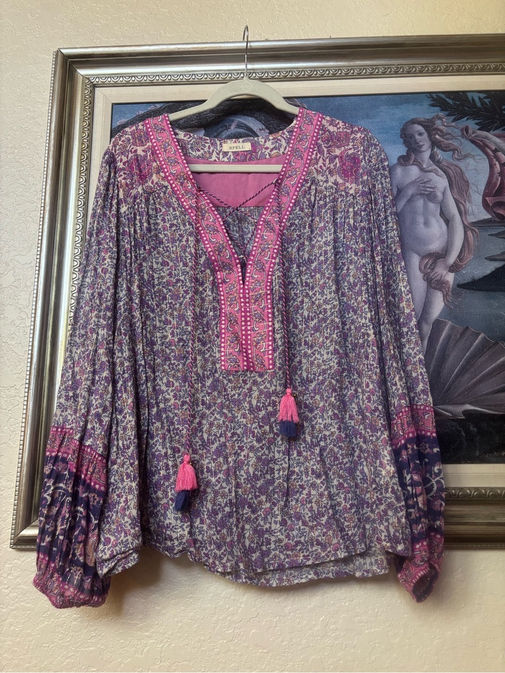 Spell Little Bird Lace Up Floral Boho Tunic with Pink Embellished V-Neck